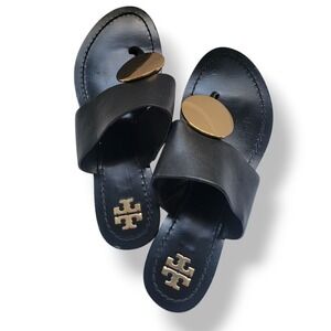 Tory Burch Black Leather Patos Disk Flat Sandals Gold Coin Slide Flat 7M